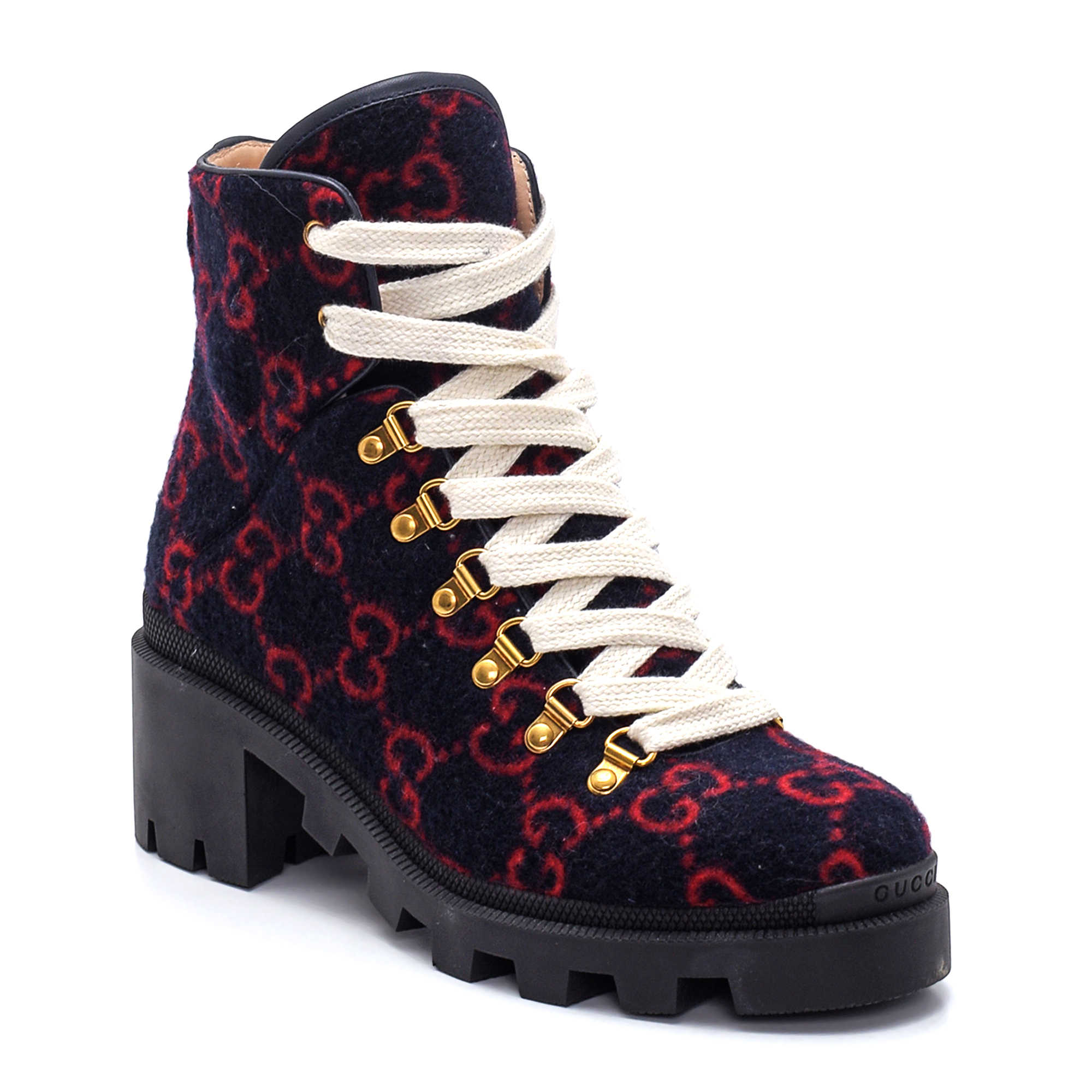 Gucci - Navy & Red GG Supreme Wool Lace Up Ankle Boots/39